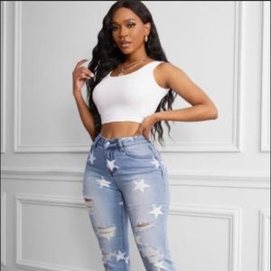 Boutique distressed raw hem star print jeans new boutique